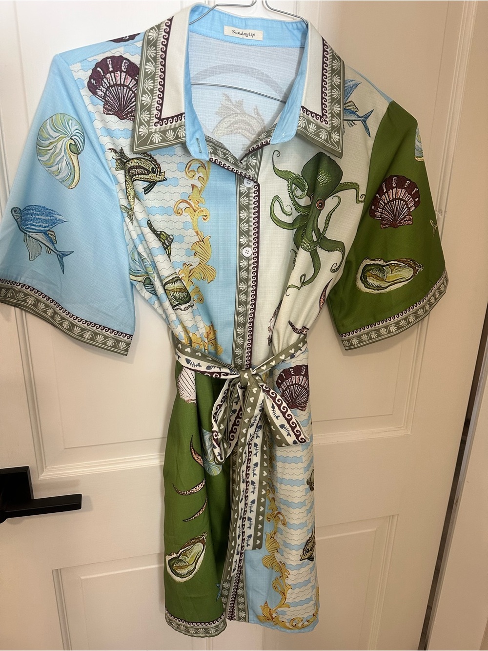 Sunday Nautical Octopus Print Belted Shirt Dress in Light Blue & Olive Green